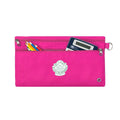 Harlequin pink pencil case front angle displaying two zip compartments and D-ring with Kilcoy State School logo