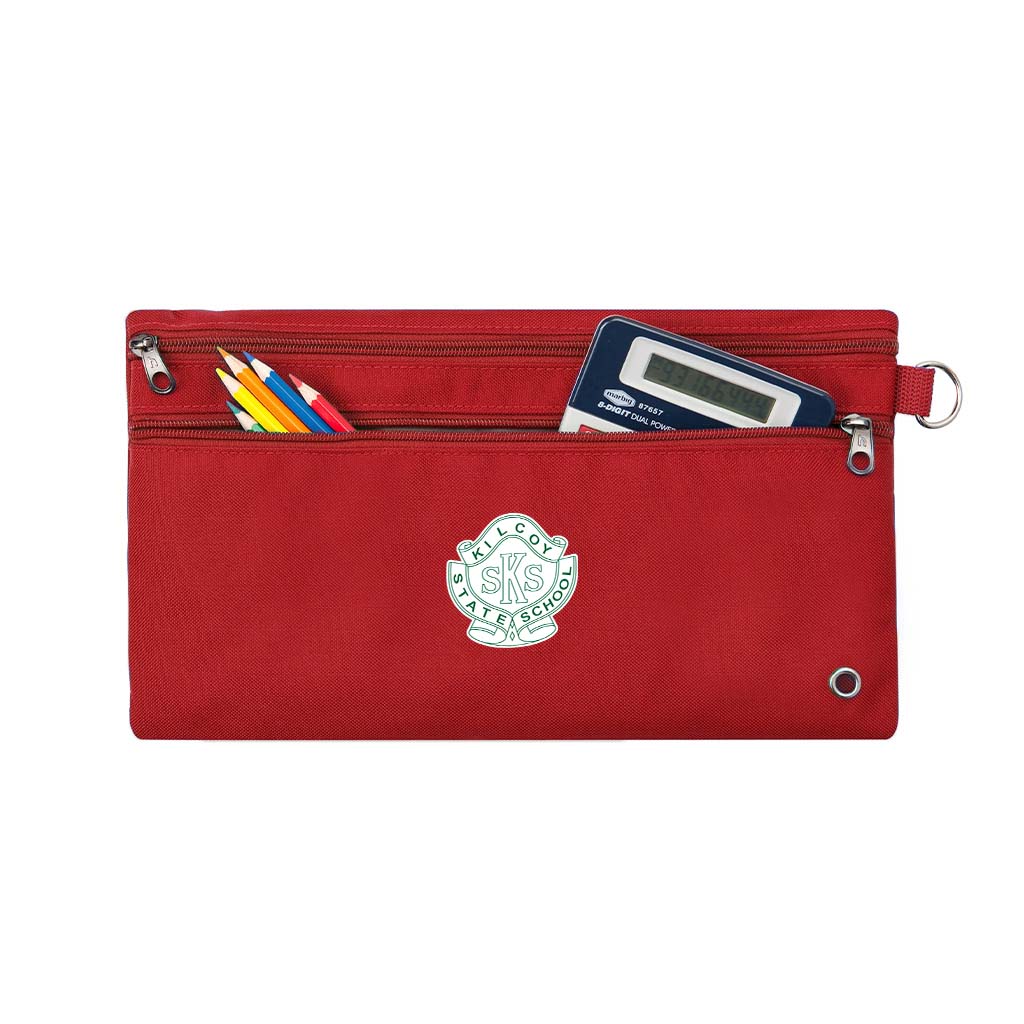 Harlequin red pencil case front angle displaying two zip compartments and D-ring with Kilcoy State School logo