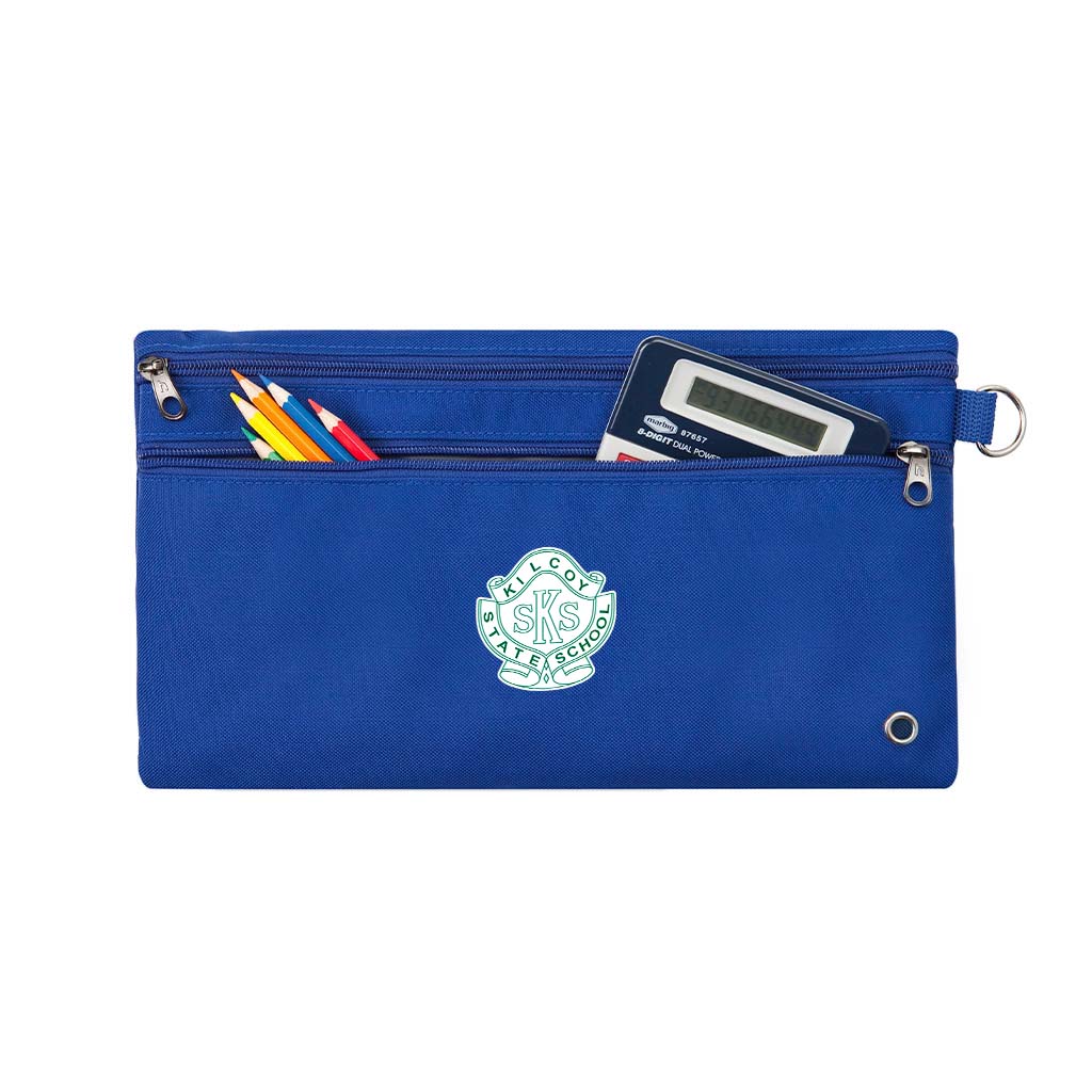 Harlequin royal pencil case front angle displaying two zip compartments and D-ring with Kilcoy State School logo