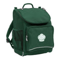 Mighty backpack in colour Green, front side angle displaying carry handle, padded shoulder straps, top zipper compartment, front zipper pocket and mesh water bottle holder with Kilcoy State School logo