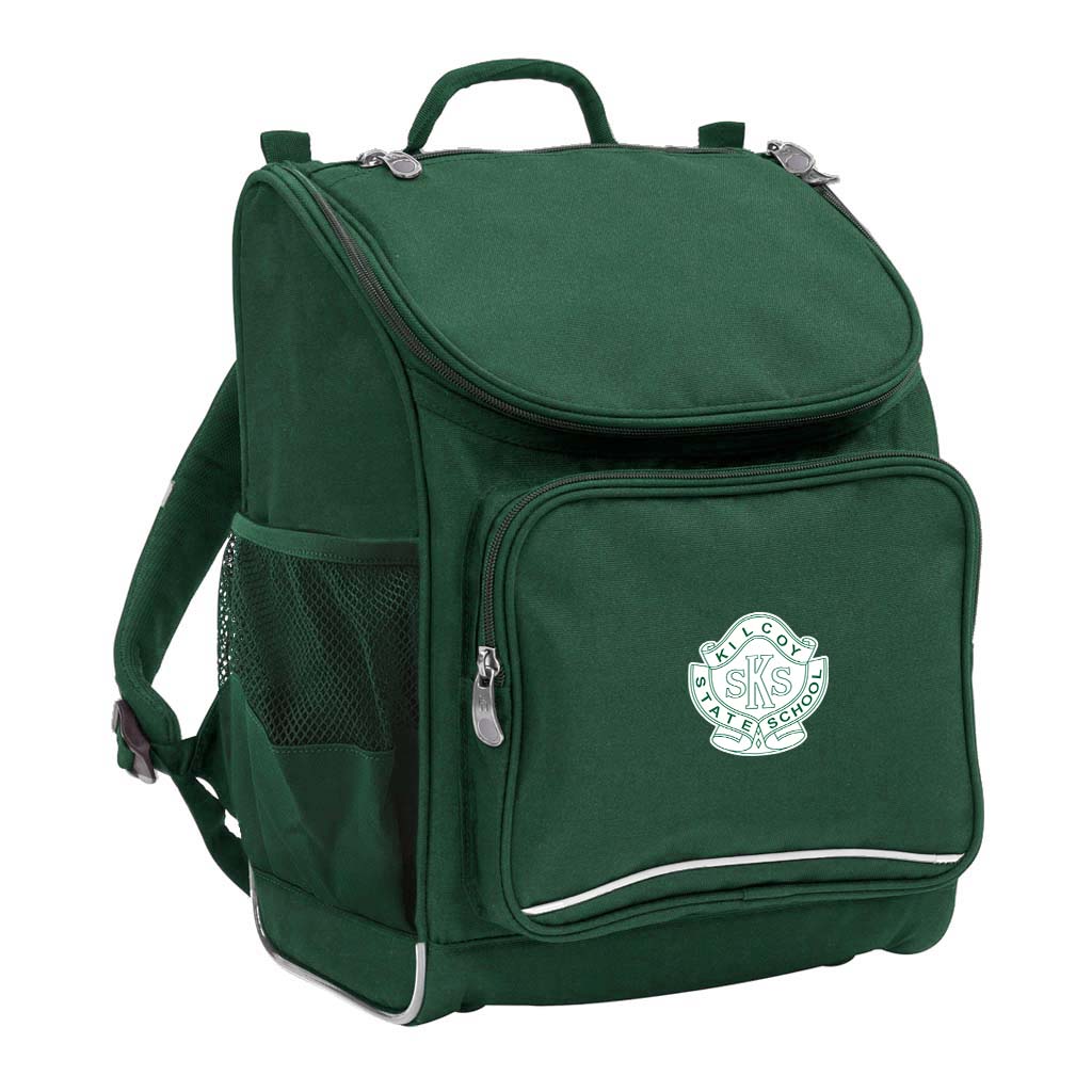 Mighty backpack in colour Green, front side angle displaying carry handle, padded shoulder straps, top zipper compartment, front zipper pocket and mesh water bottle holder with Kilcoy State School logo