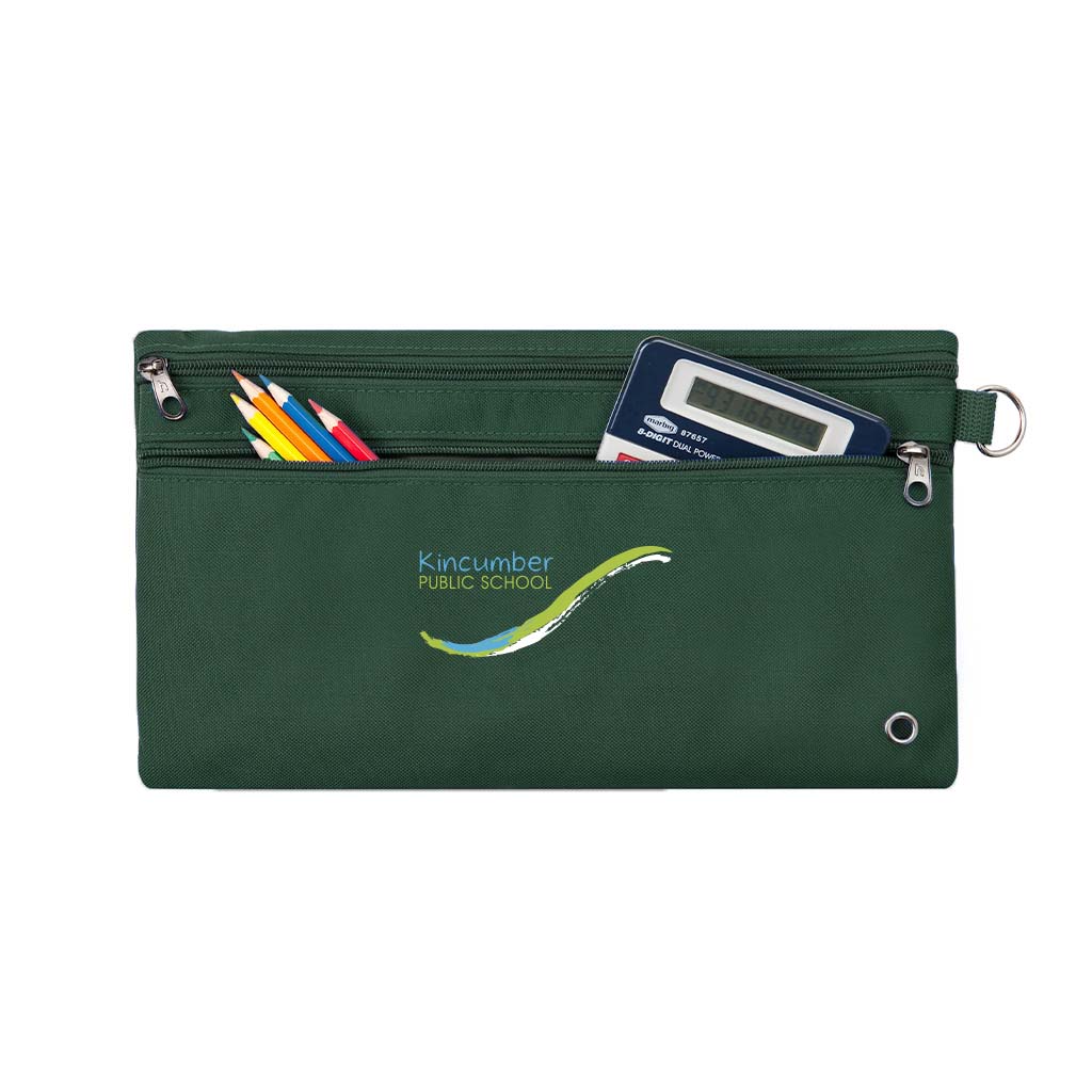 Harlequin Royal pencil case front angle displaying two zip compartments and D-ring with logo in white