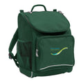 Mighty backpack in colour Green, front side angle displaying carry handle, padded shoulder straps, top zipper compartment, front zipper pocket and mesh water bottle holder with Kincumber Public School logo