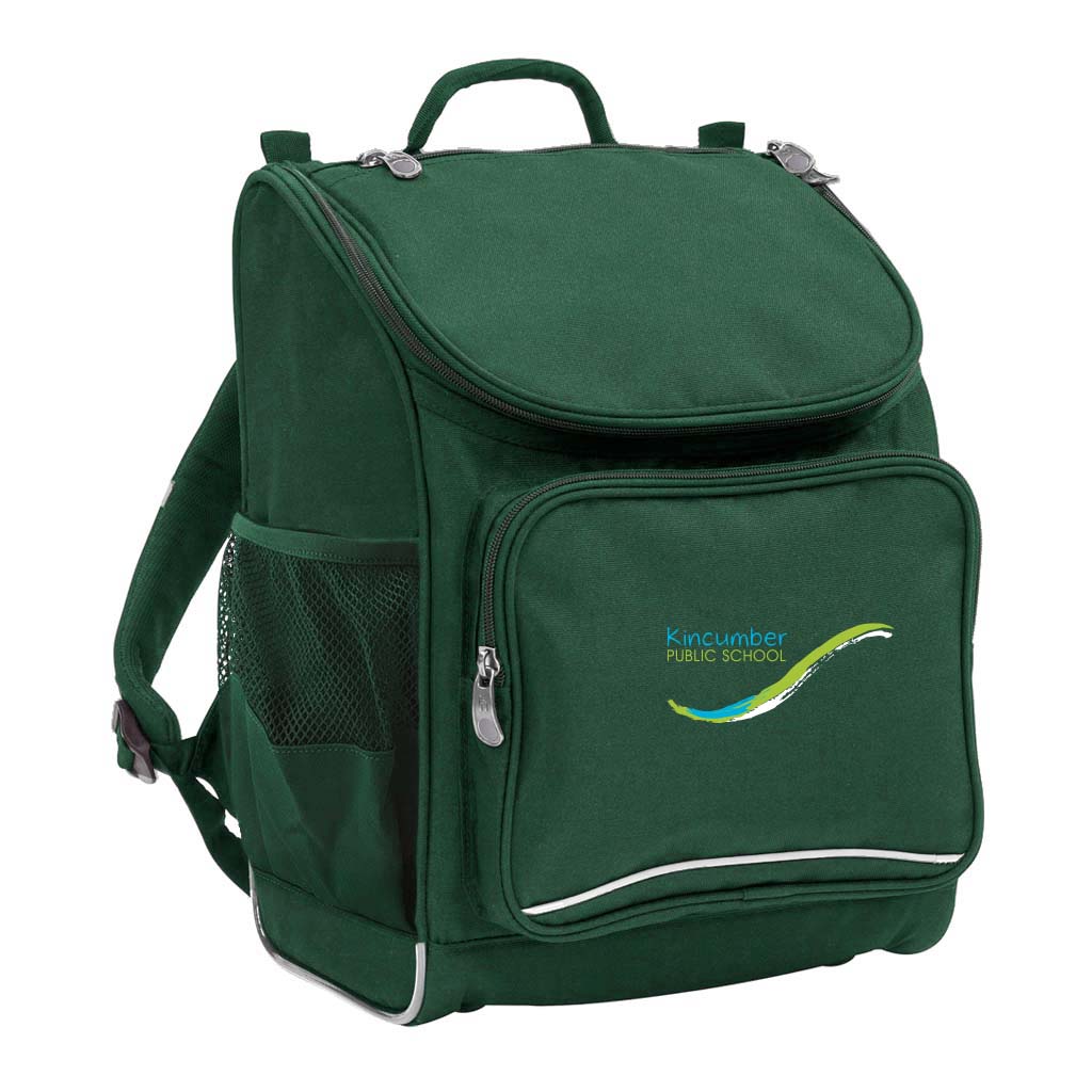 Mighty backpack in colour Green, front side angle displaying carry handle, padded shoulder straps, top zipper compartment, front zipper pocket and mesh water bottle holder with Kincumber Public School logo