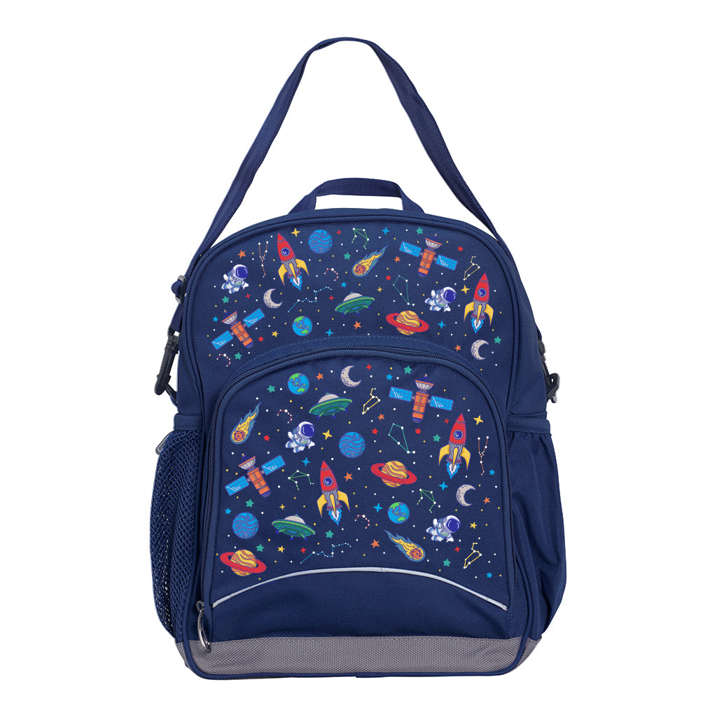 Navy Blue Kindy Tuff-Pack front view showing a small front pocket with the Galaxy Boy design from the Harlequin Creatix signature series.