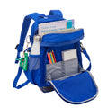 Harlequin Kindy Tuff-Pack Backpack in royal, front side angle open, padded shoulder straps, top zipper compartment, front zipper pocket and mesh water bottle holder