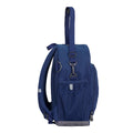 Navy Kindy Backpack side view with drink bottle holder, parent carrying strap and D ring key chain holder