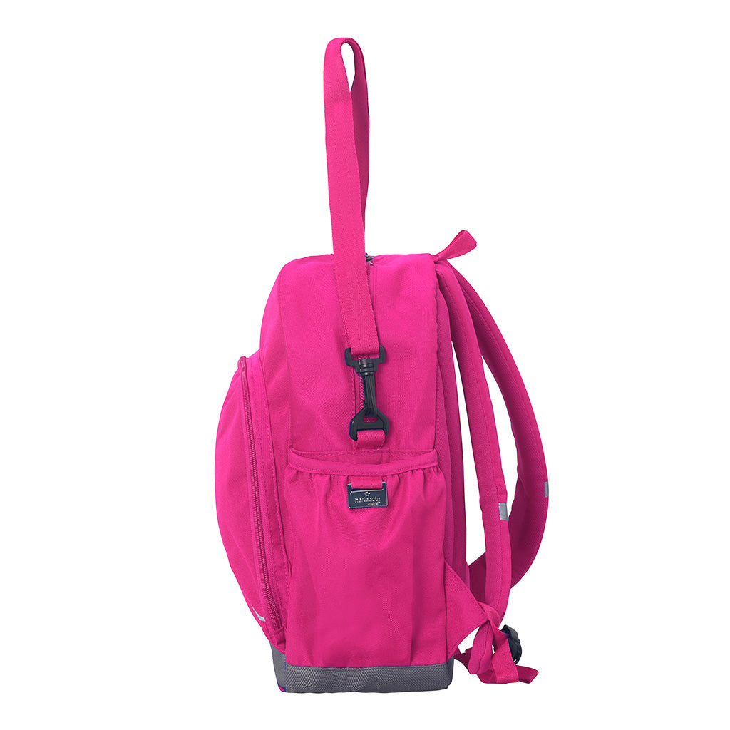 Hot Pink Kindy backpack side view with additional side pocket