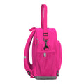 Hot Pink Kindy Backpack side view with drink bottle holder, parent carrying strap and D ring key chain holder