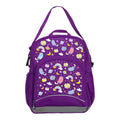 Harlequin Kindy Tuff-Pack Junior Backpack in Purple featuring Kittycorn design from the Harlequin Creatix signature series. Angled view showing front pocket, drink bottle pocket, and ergonomic shoulder strap.