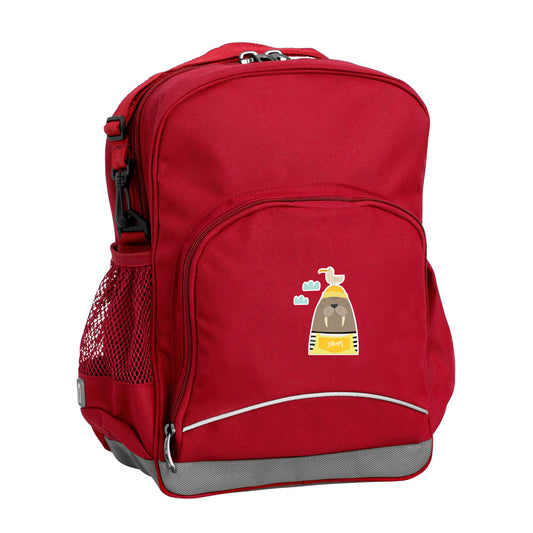 Harlequin Kindy Tuff-Pack Backpack in red, front side angle displaying parent strap, padded shoulder straps, top zipper compartment, front zipper pocket and mesh water bottle holder