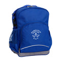 Dardanup Primary School front angle view of the Kindy Backpack in colour  Royal Blue featuring a small front pocket, spacious main compartment with D-ring keychain, detachable shoulder strap, mesh water bottle pocket, and reflective piping for visibility