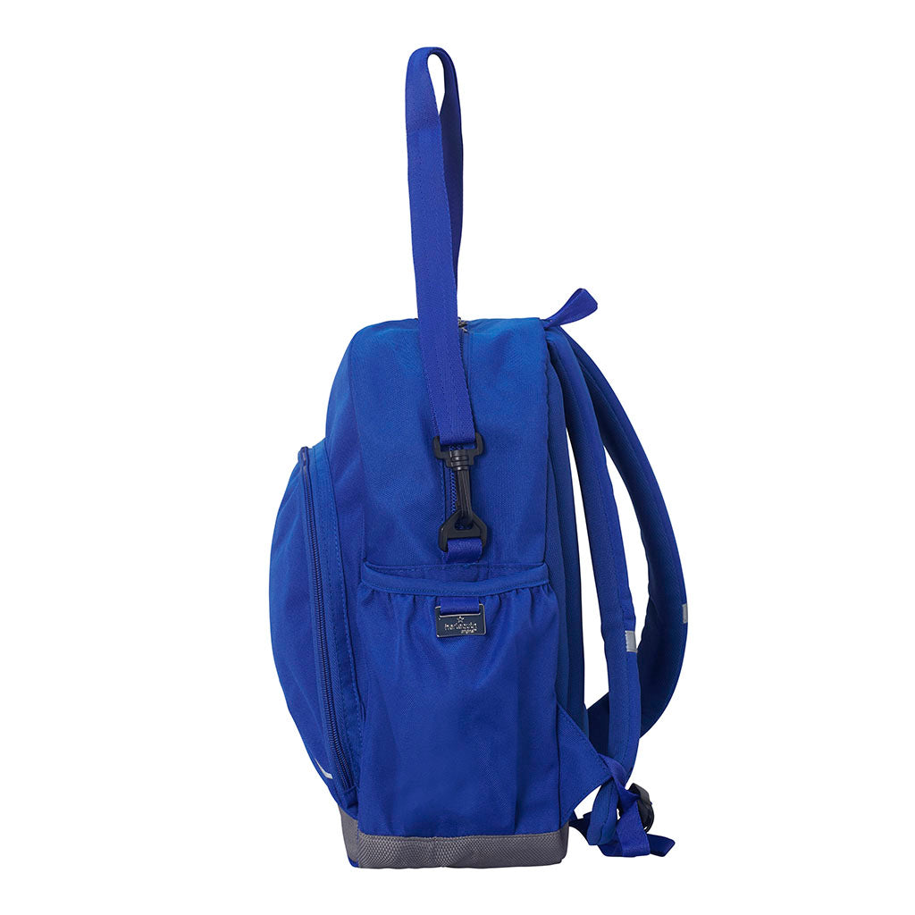 Royal blue Kindy backpack side view with additional side pocket