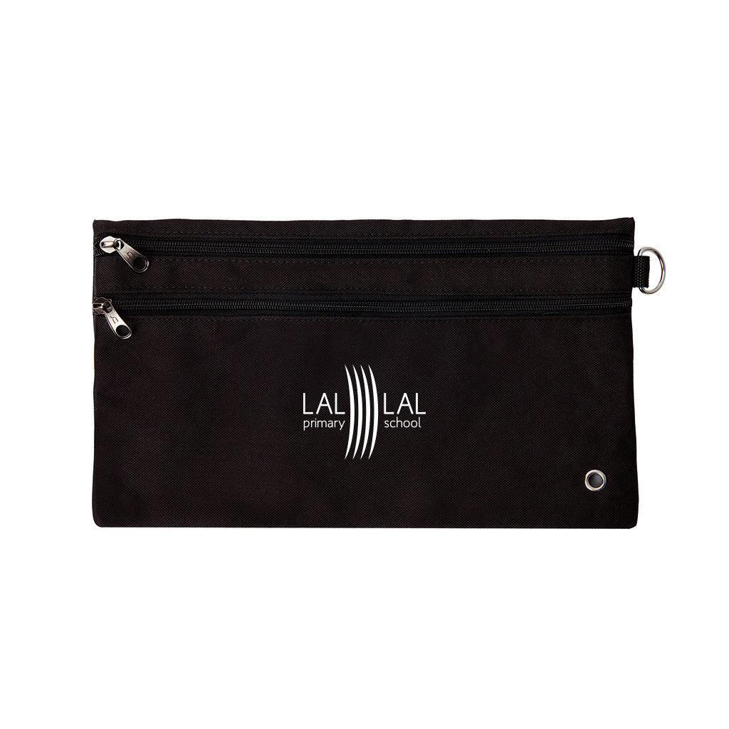 Harlequin black pencil case front angle displaying two zip compartments and D-ring with LAL LAL Primary Schooluvp_Water Repellent logo