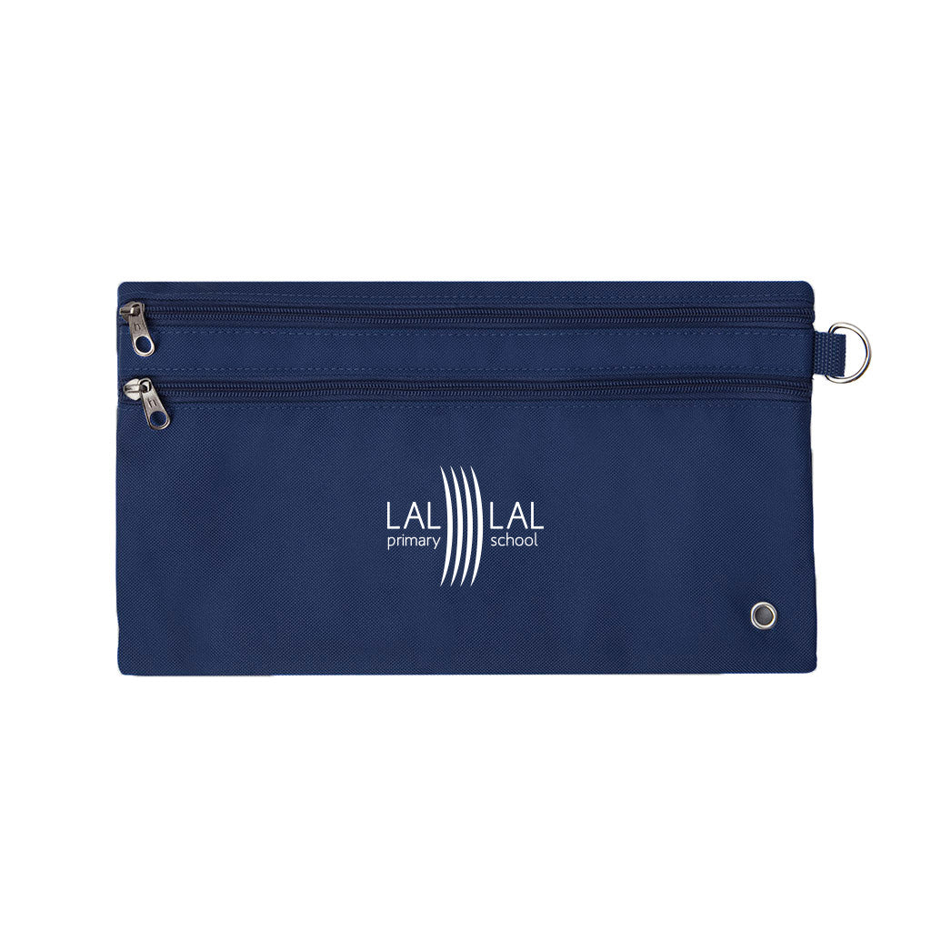 Harlequin Navy pencil case front angle displaying two zip compartments and D-ring with