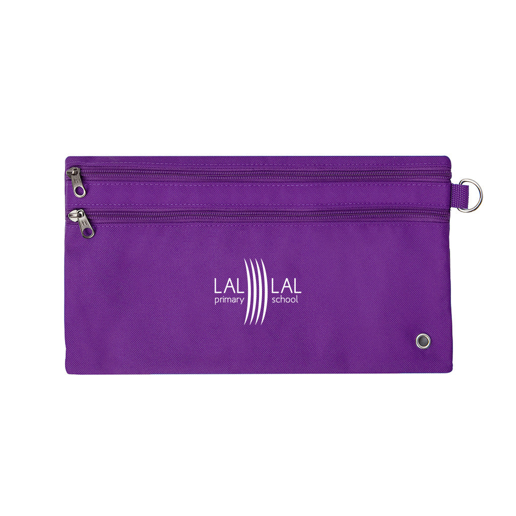 Harlequin front pencil case front angle displaying two zip compartments and D-ring with LAL LAL Primary School logo