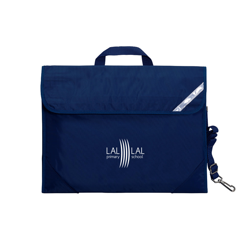 Harlequin Safety Library bag in Navy displaying carry handle, velcro opening, shoulder strap, reflector safety strip, reinforced corners and LAL LAL Primary School logo
