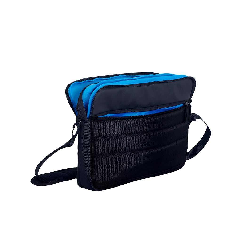 Harlequin TECH messenger bag displaying carry handle, two zip compartments with blue lining and one front zip and shoulder strap   