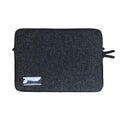 Back view of a black 13 inch laptop sleeve with a name card holder on reverse.