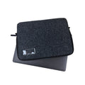 Back view of a black 13 inch laptop sleeve with a name card holder on reverse, shown with a laptop inside.