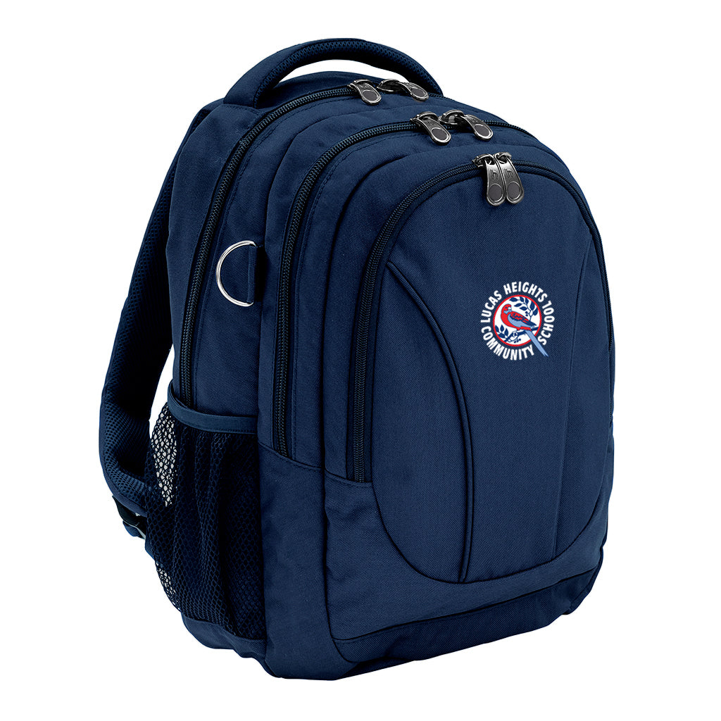  Navy ergonomic backpack with spinal support, three compartments, padded laptop pocket, phone pocket, water bottle holder, and D-ringÑdesigned for comfort and style and Lucas Heights Community School logo