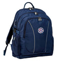Lucas Heights Community School front angle view of the Genius Backpack in colour Navy, featuring anatomical zippers, buckles, three pockets, reflective piping, retractable side support straps, water bottle pocket, and D-ring keychain holder