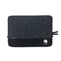 Front view of a Black 13 inch laptop sleeve with mixed fabric detail and visible stitching,