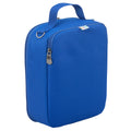 Harlequin lunch bag in royal back angle displaying carry handle, and durable water repellent material