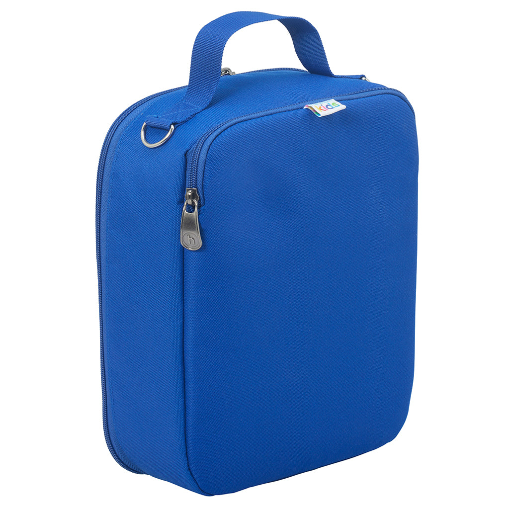 Harlequin lunch bag in royal back angle displaying carry handle, and durable water repellent material