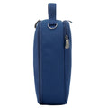 Harlequin lunch bag in navy side angle displaying carry handle, and durable water repellent material