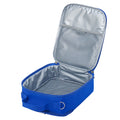Harlequin lunch bag in royal open angle displaying mesh cold brick holder, and insulated lining
