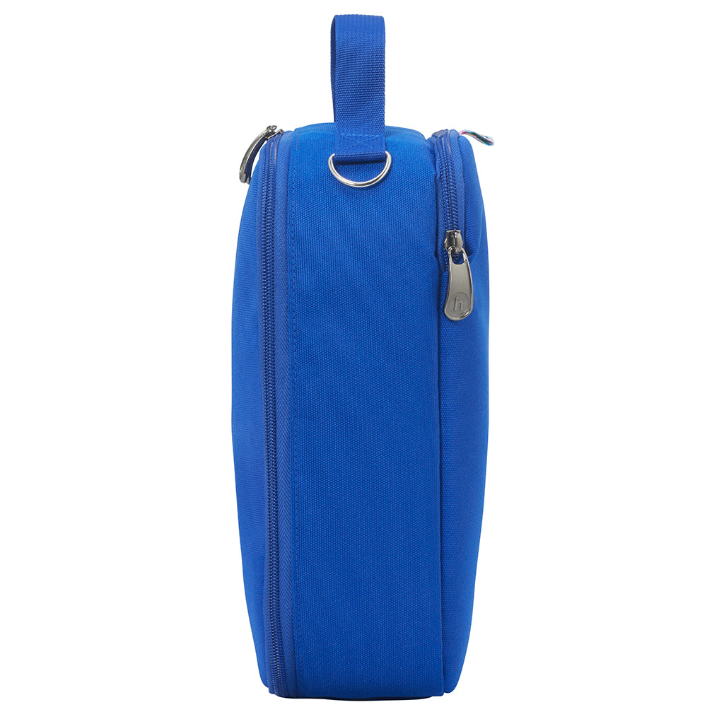 Harlequin lunch bag in royal side angle displaying carry handle, and durable water repellent material 
