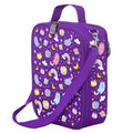 Harlequin Large Lunch bag in Purple with Kittycorn design from the Harlequin Creatix Signature Series. Front angle view displaying top handle, quality zippers and D-Rings with additional shoulder strap.