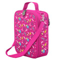 Harlequin Large Lunch bag in Pink with Pixel Chick design from the Harlequin Creatix Signature Series. Front angle view displaying top handle, quality zippers and D-Rings with additional shoulder strap.