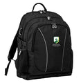 Maroochydore State High School front angle view of the Genius Backpack in colour Black, featuring anatomical zippers, buckles, three pockets, reflective piping, retractable side support straps, water bottle pocket, and D-ring keychain holder