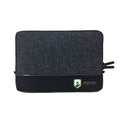 Front view of a Black 13 inch laptop sleeve with mixed fabric detail and visible stitching,
