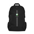 Black Harlequin Quantum Bag front view with two compartments with zip closure, light reflectors on the front pocket and adjustable straps and bottle holder on the sides of the bag and Maroochydore State High School logo