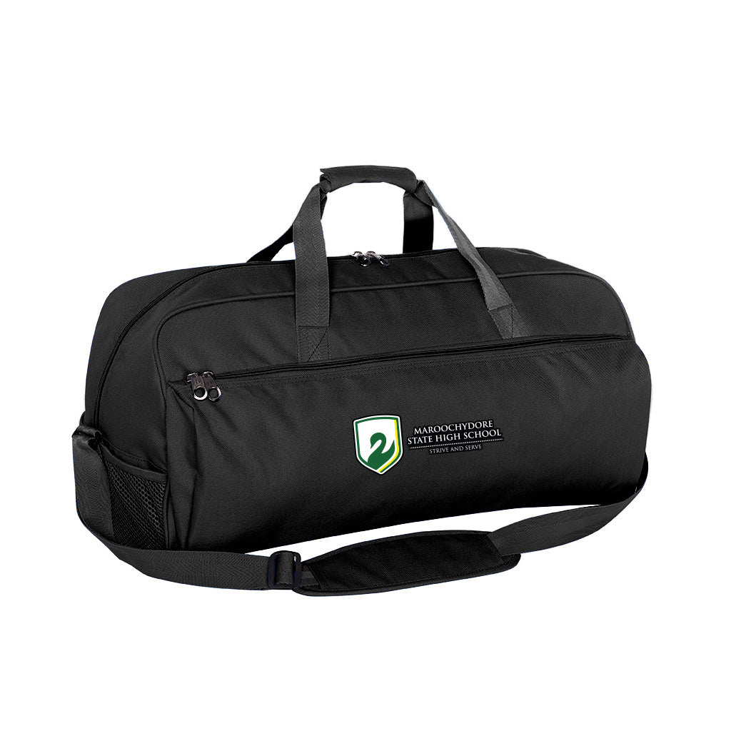  Black Harlequin sport Bag front angle displaying carry handles, top zip compartment, front lower zip compartment and shoulder strap with  Maroochydore State High School logo