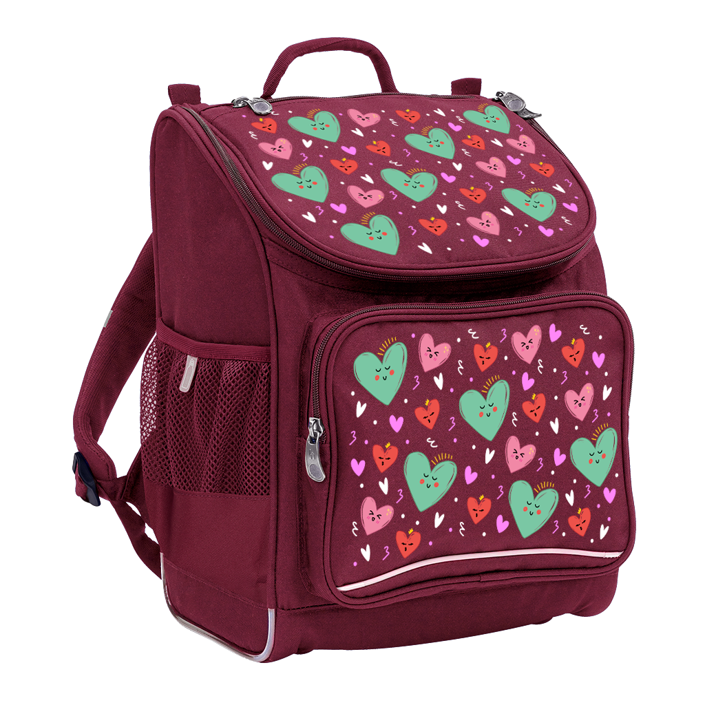 Harlequin Mighty Tuff-Pack Backpack in Maroon with the Sweet Hearts design from the Harlequin Creatix signature series. Front side angle displaying carry handle, padded shoulder straps, top zipper compartment, front zipper pocket and mesh water bottle holder.