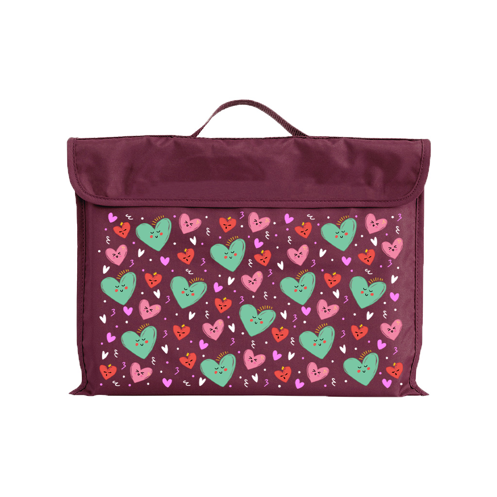 Harlequin Eco Library bag in Maroon with Sweet Hearts design from the Harlequin Creatix Signature Series. Front view displaying carry handle, velcro flap opening, and PET recycled water repellent fabric. 