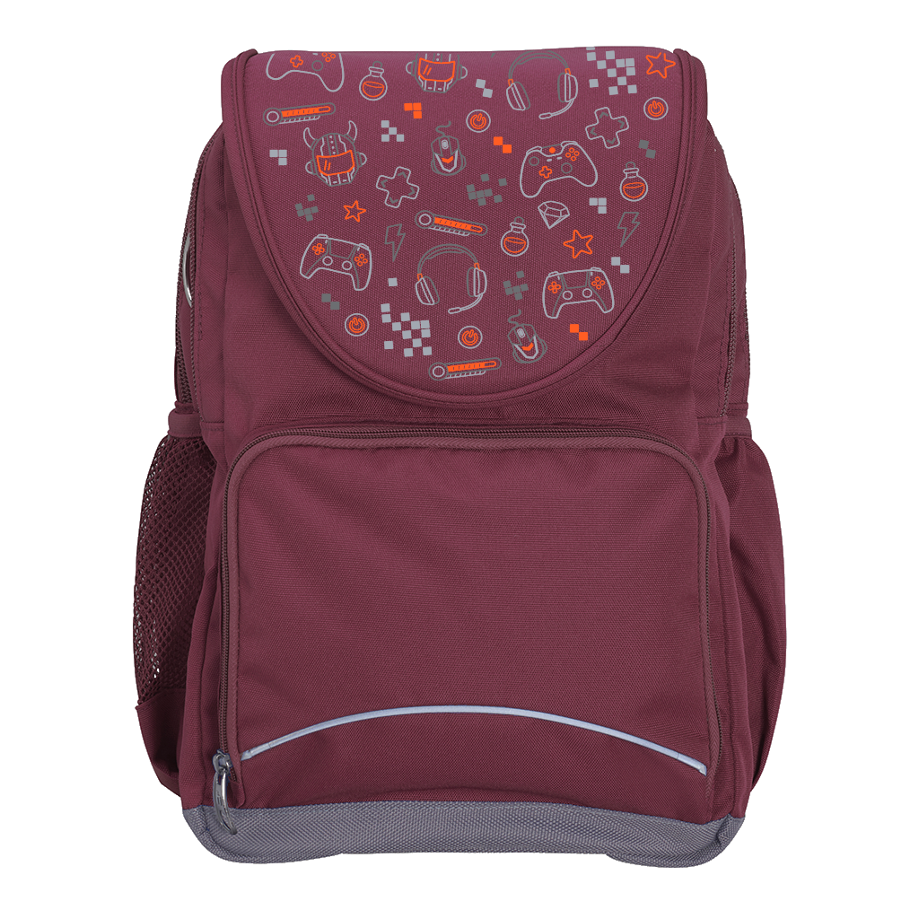 Harlequin Ergo Tuff-Pack backpack in Maroon with Gamer Boy design from the Harlequin Creatix signature series. Front view showcasing two zipper compartments, reflective piping, front zipper pocket and front of flap.