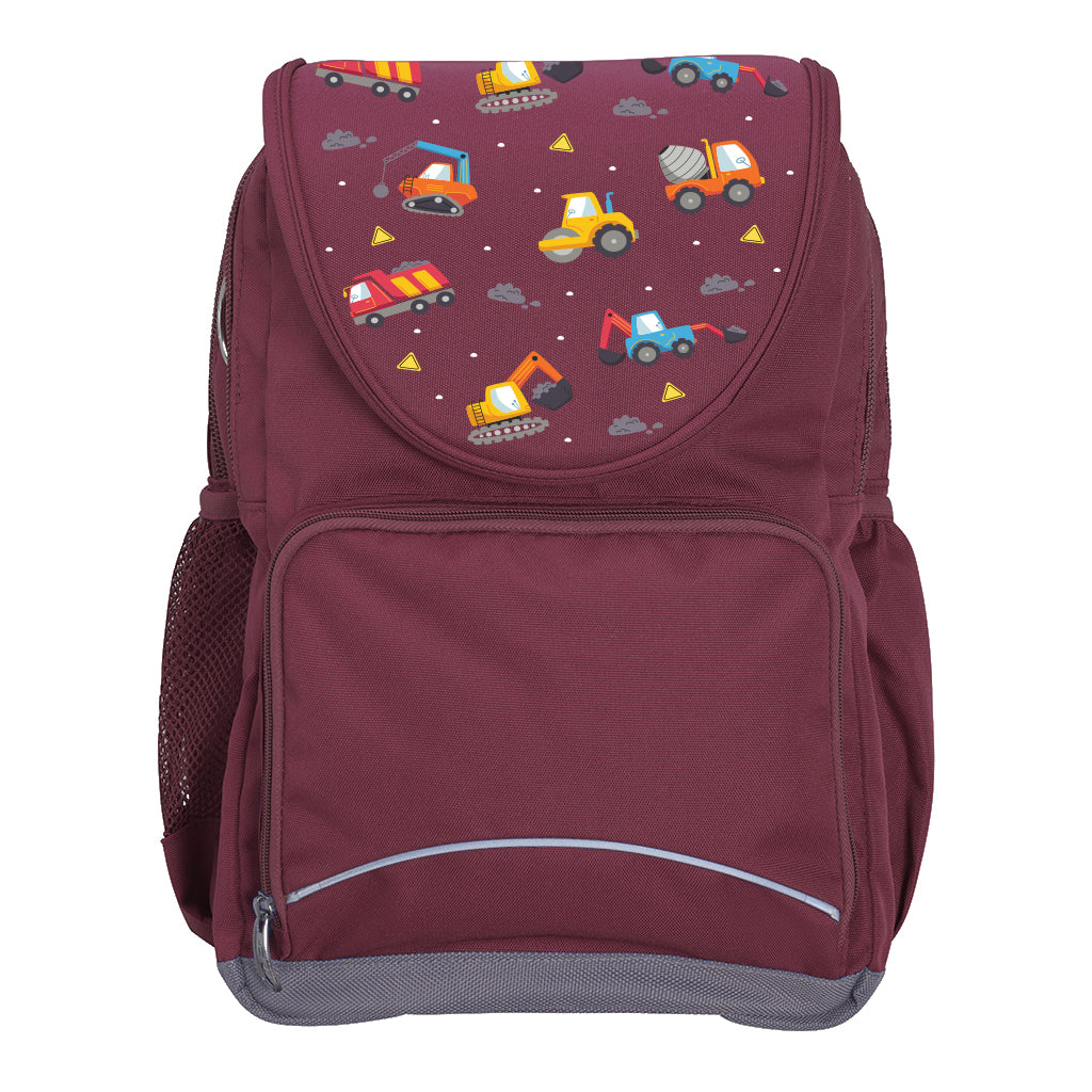 Harlequin Ergo Tuff-Pack backpack in Maroon with Jumbo Trucks design from the Harlequin Creatix signature series. Front view showcasing two zipper compartments, reflective piping, front zipper pocket and front of flap.