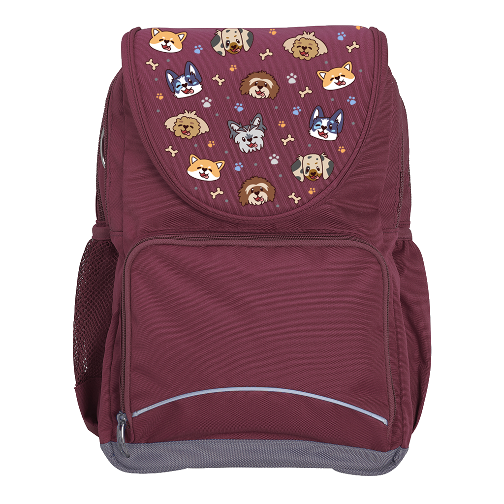 Harlequin Ergo Tuff-Pack backpack in Maroon with Puppy Pals design from the Harlequin Creatix signature series. Front view showcasing two zipper compartments, reflective piping, front zipper pocket and front of flap.