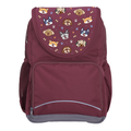 Harlequin Ergo Tuff-Pack backpack in Maroon with Puppy Pals design from the Harlequin Creatix signature series. Front view showcasing two zipper compartments, reflective piping, front zipper pocket and front of flap.