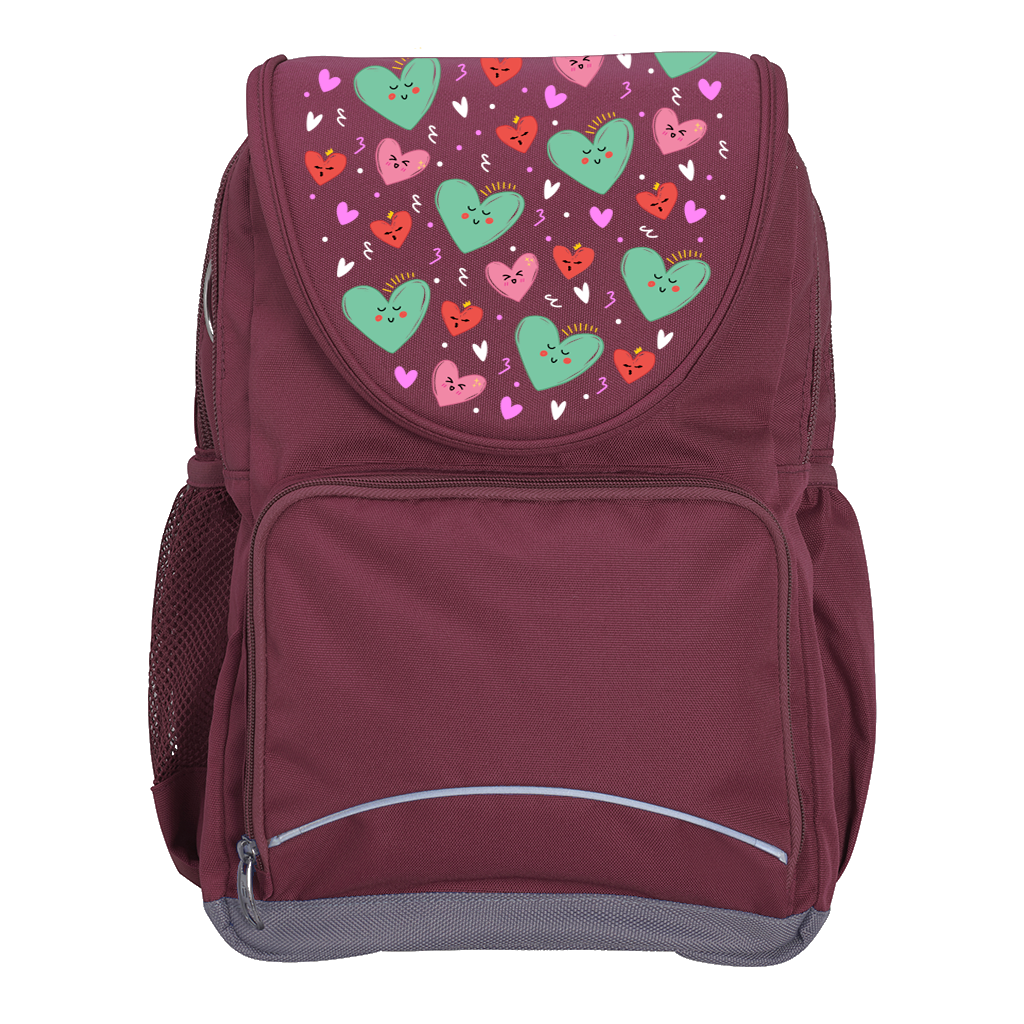 Harlequin Ergo Tuff-Pack backpack in Maroon with Sweet Hearts design from the Harlequin Creatix signature series. Front view showcasing two zipper compartments, reflective piping, front zipper pocket and front of flap.