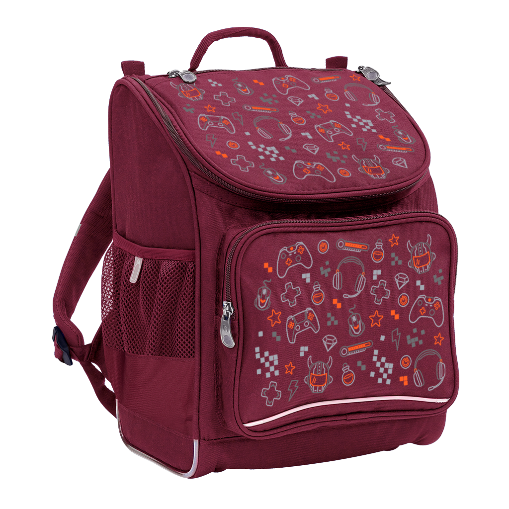 Harlequin Mighty Tuff-Pack Backpack in Maroon with the Gamer Boy design from the Harlequin Creatix signature series. Front side angle displaying carry handle, padded shoulder straps, top zipper compartment, front zipper pocket and mesh water bottle holder.