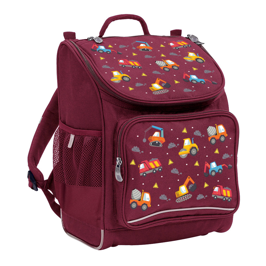 Harlequin Mighty Tuff-Pack Backpack in Maroon with the Jumbo Trucks design from the Harlequin Creatix signature series. Front side angle displaying carry handle, padded shoulder straps, top zipper compartment, front zipper pocket and mesh water bottle holder.