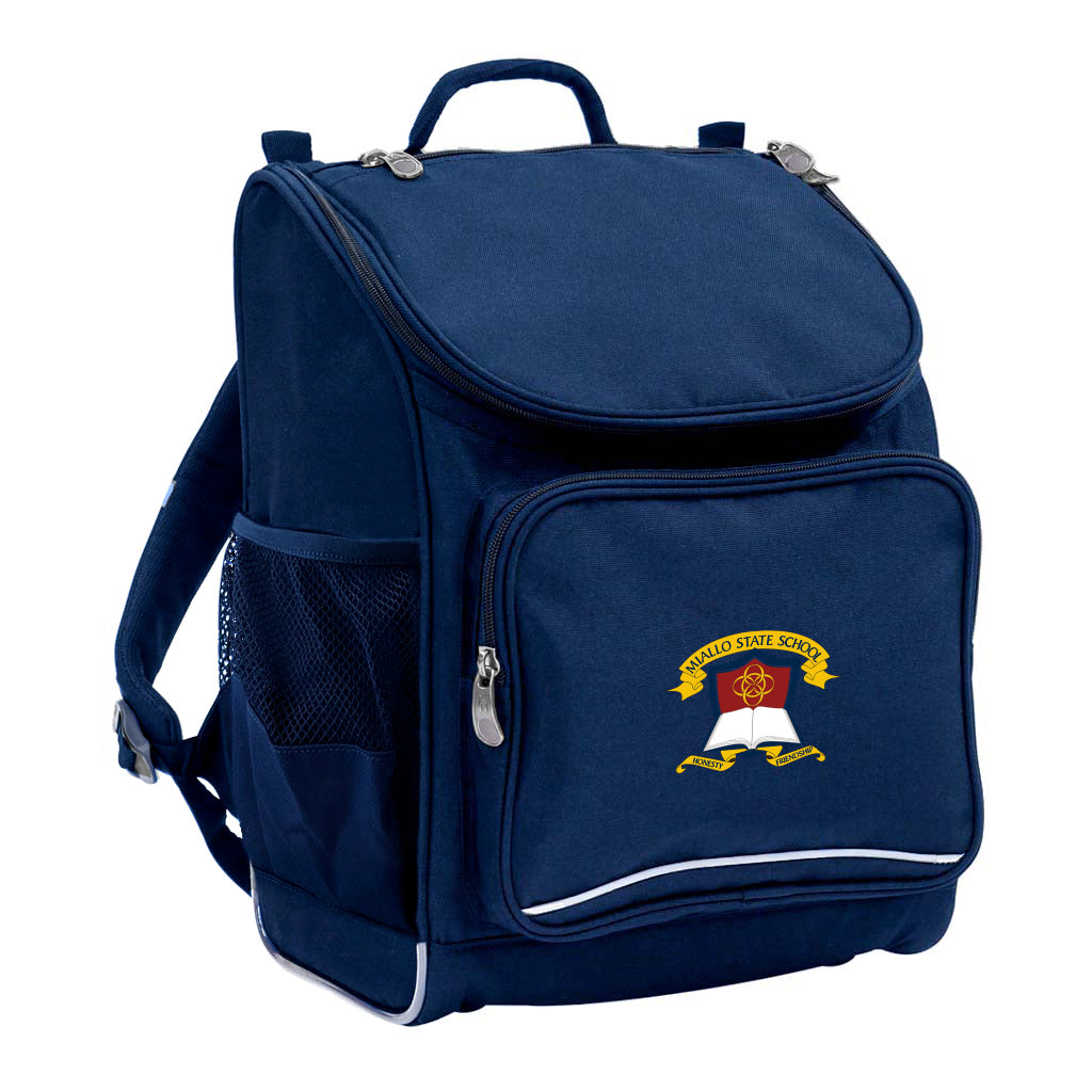 Mighty backpack in colour Navy, front side angle displaying carry handle, padded shoulder straps, top zipper compartment, front zipper pocket and mesh water bottle holder with Miallo State School logo
