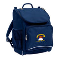 Mighty backpack in colour Navy, front side angle displaying carry handle, padded shoulder straps, top zipper compartment, front zipper pocket and mesh water bottle holder with Miallo State School logo