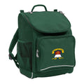 Mighty backpack in colour green, front side angle displaying carry handle, padded shoulder straps, top zipper compartment, front zipper pocket and mesh water bottle holder with Miallo State School logo